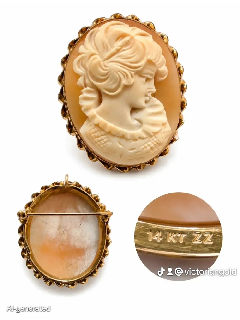 14K Gold Shell Cameo Brooch - Peach and Cream Portrait